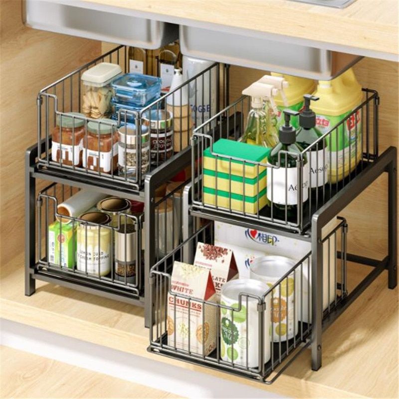 2 Tier Iron Cabinet Basket Pull Out Spice Kitchen Shelf