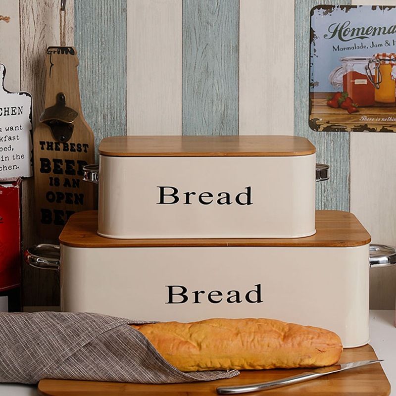 Bamboo Cover Binaural Bread Box Galvanized Iron Storage Box