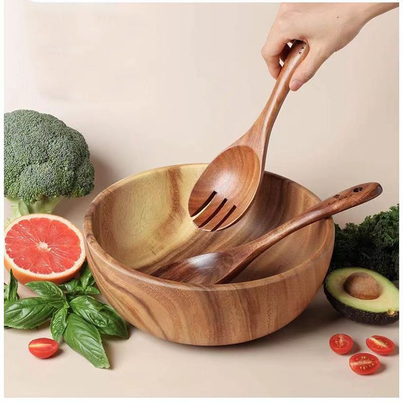 Wood Large Salad Bowl Salad Spoon Fork Three-Piece Set