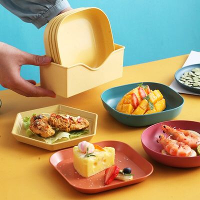 5Pcs Plates Set With Base Square Round Wheat Straw Salad Bowls