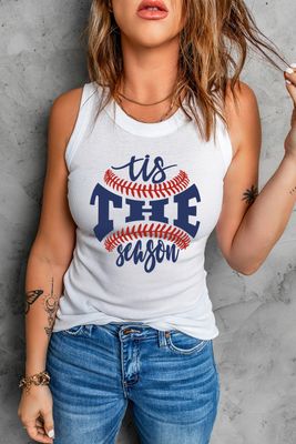 Débardeur côtelé skinny blanc à imprimé graphique et lettres de baseball