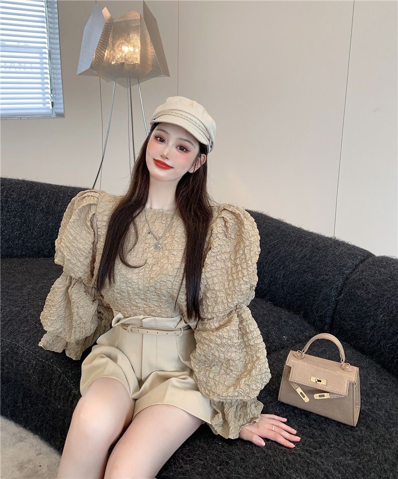 Chemise d&#39;automne à manches bouffantes et col rond pour femme, haut chic à manches longues