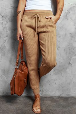 Pantalon de jogging taille haute en tricot côtelé kaki avec cordon de serrage