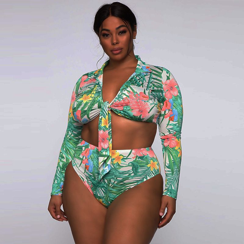 Plus Size Long-Sleeved Swimsuit Split Green Leaf Printed Bow Swimsuit