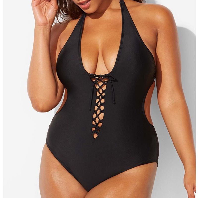 Sexy Black Female Plus Size One-Piece Swimsuit