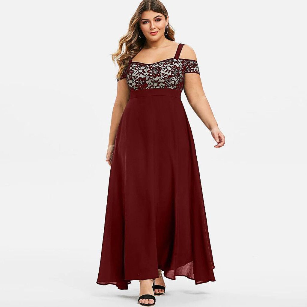 Women Plus Size Cold Shoulder Floral Lace Maxi Party Evening Camis Long Dress