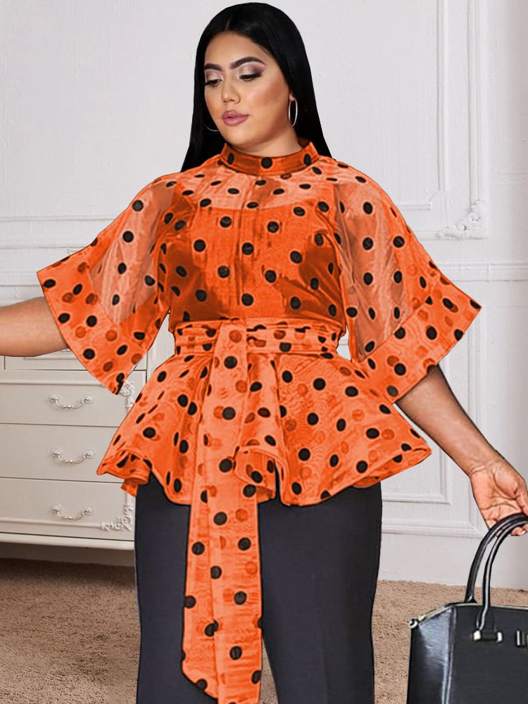 Sexy See Through Tops 3/4 Sleeve Black Polka Dot Orange Women Blouse