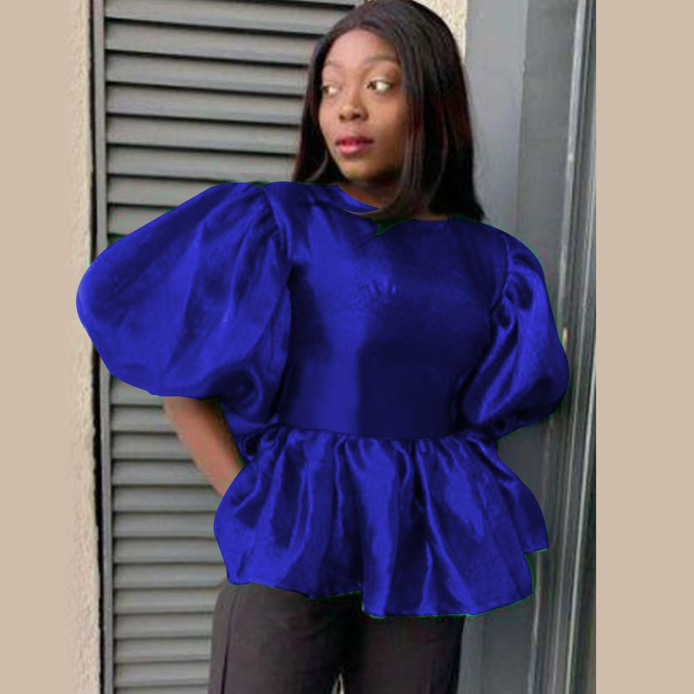Plus Size Tops Female O Neck Short Lantern Sleeve Ruffles Blouse