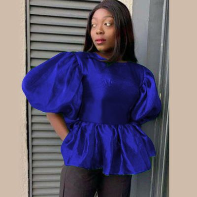 Plus Size Tops Female O Neck Short Lantern Sleeve Ruffles Blouse
