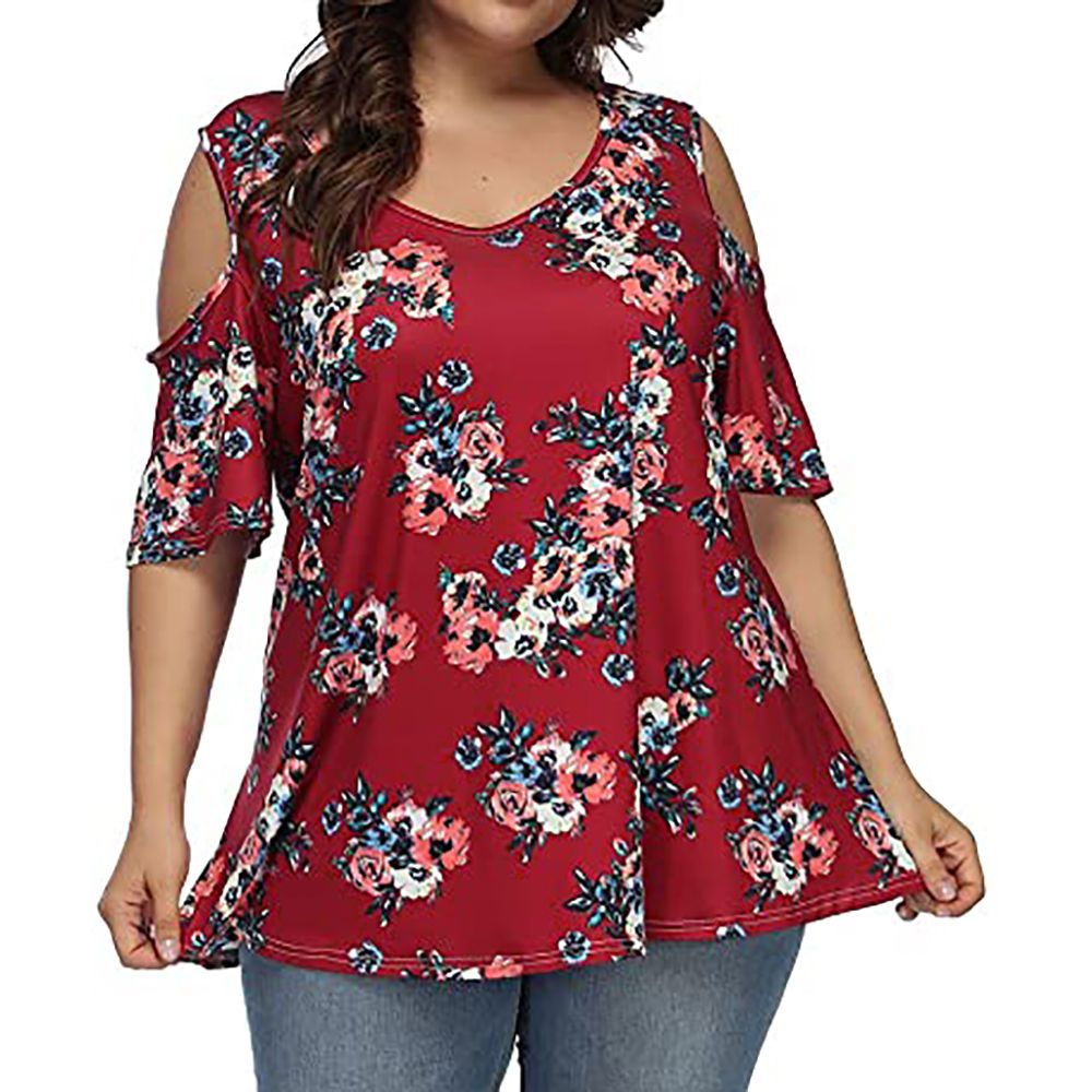 Female Cold Shoulder Floral Print Plus Size Women Tops