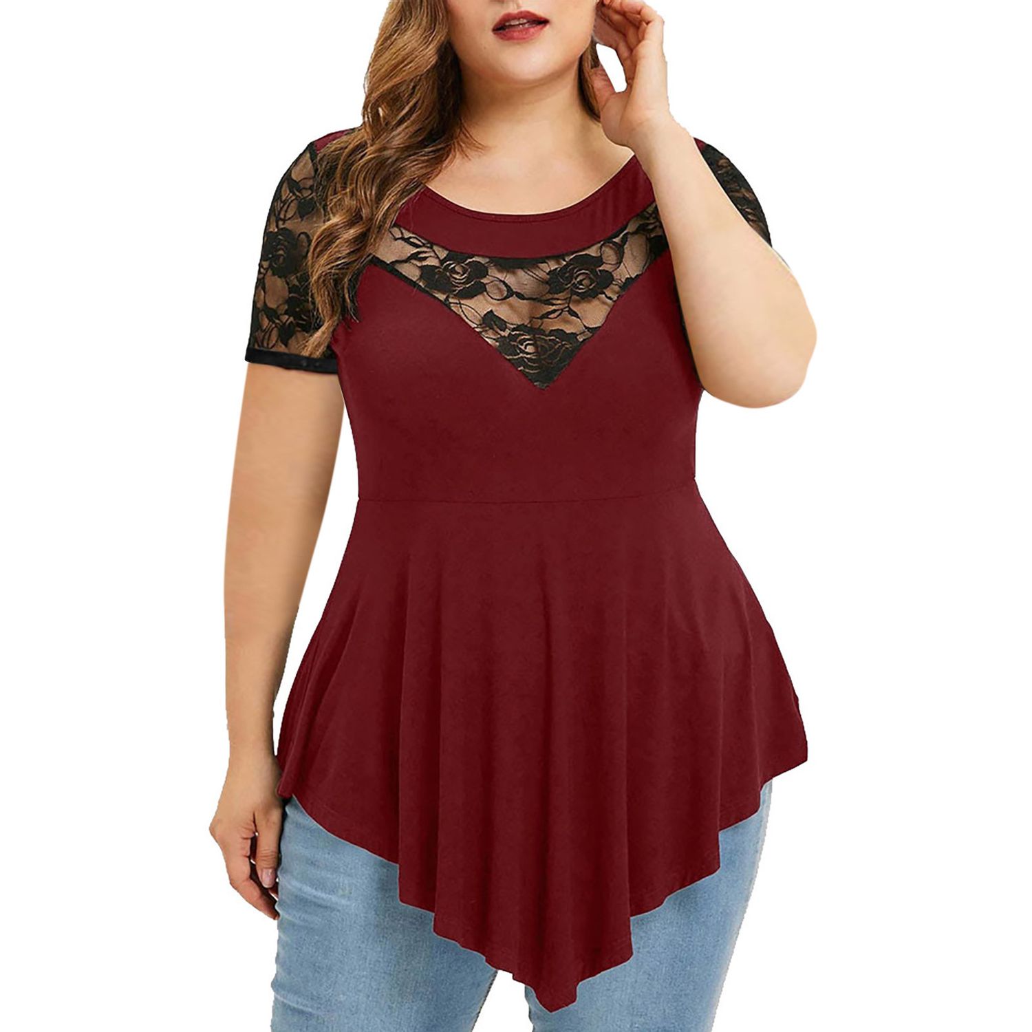 Plus Size Flower Lace Short Sleeve Round Neck Women&#39;s Tops