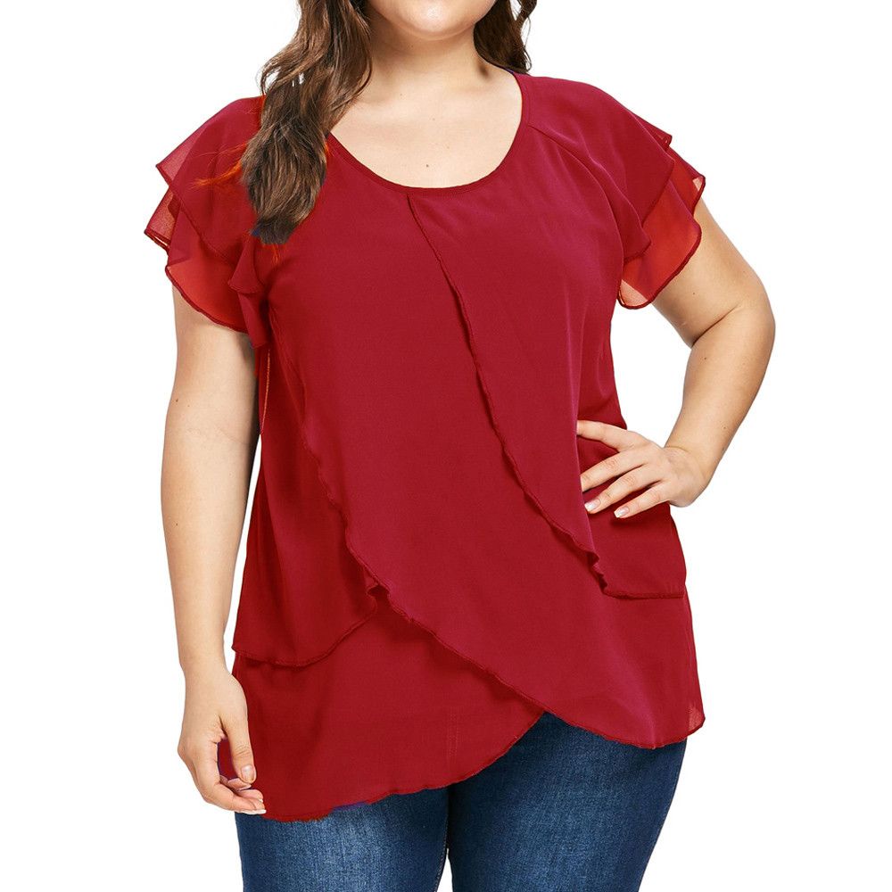 Elegant Chiffon Plus Size Tops Women T-shirt Solid Ruffles Blouse