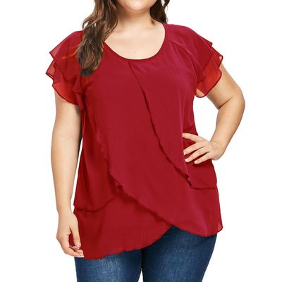 Elegant Chiffon Plus Size Tops Women T-shirt Solid Ruffles Blouse