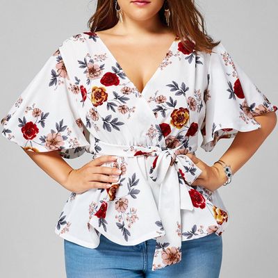 Elegant Ruffle Plus Size Tops Womens Floral Print Blouse