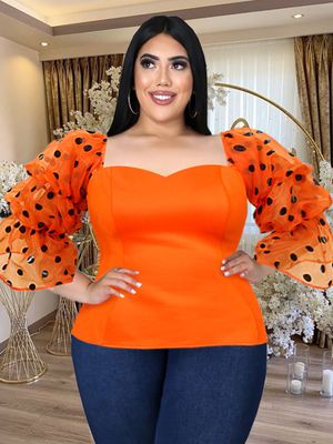 Hauts orange grande taille 4XL à pois et manches