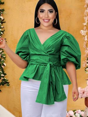 V Neck Blouses Women Lantern Sleeve Woman Plus Size Tops