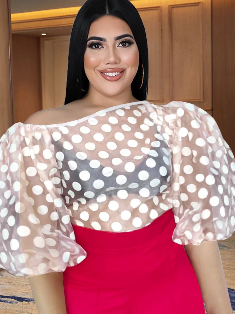 Plus Size Tops White Black Puff Sleeve Polka Dot Sexy Shirts