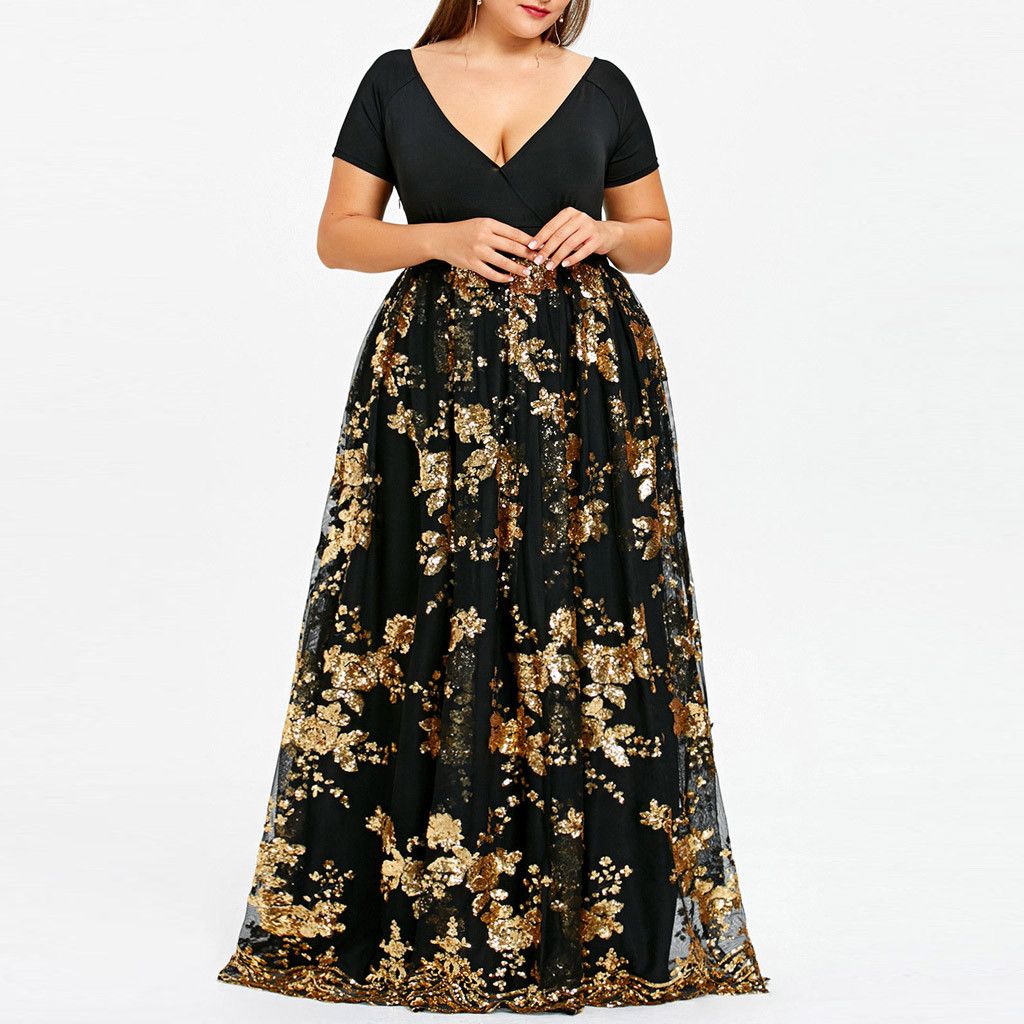 New Maxi Dresses V-Neck Short Sleeve Floral Sequined Evening Party Mesh Dress