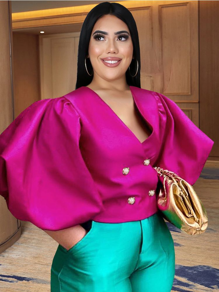 Rose Red Plus Size Tops Women V Neck Long Lantern Sleeve Shirt
