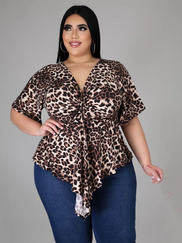 Plus Size Tops Women V Neck Short Sleeves Leopard Shirt Blouse