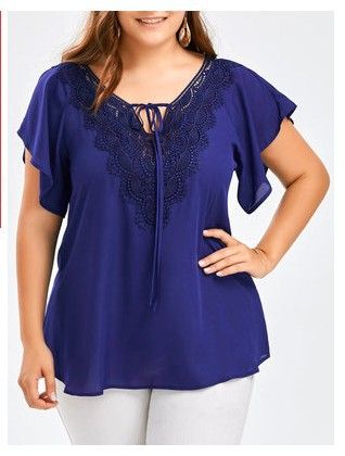 Plus Size Women&#39;s Flared Sleeve Short Sleeve Tee Shirt Lace Splicing Tops