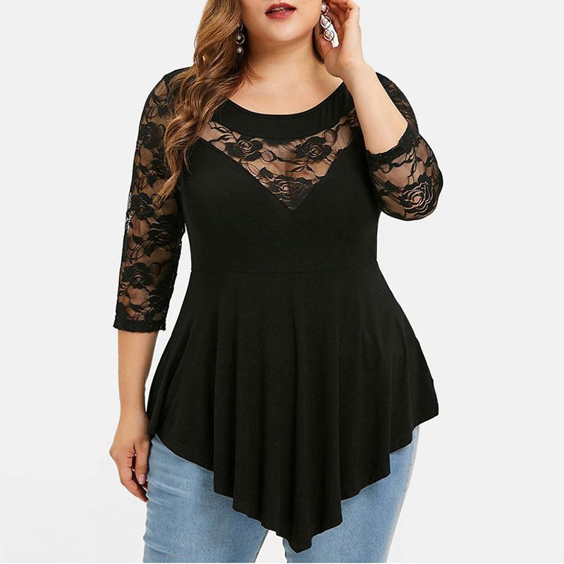 Plus Size 5XL Floral Lace Hollow Out Sexy Tunic Blouse Shirt