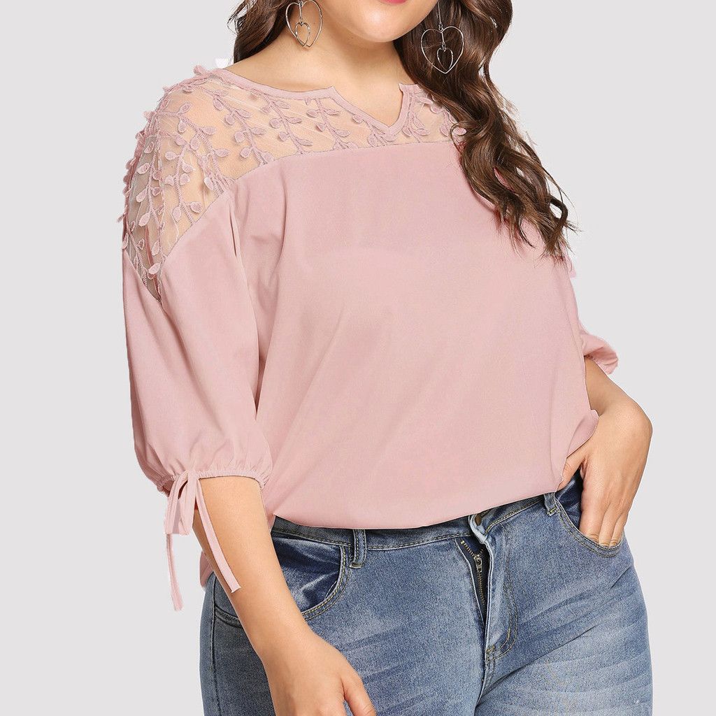 Women Plus Size Blouses Tops Lace Mesh Blouse
