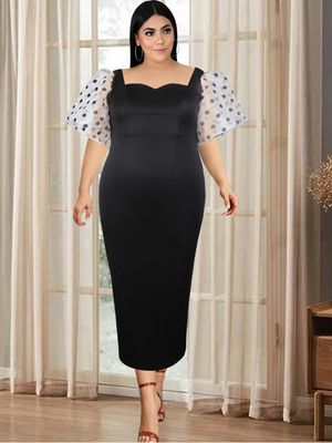 Robe noire grande taille pour femme, tenue de bureau à pois