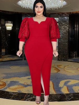 Red Dresses Long Prom Half Lantern Lace Sleeve Sexy Bodycon Slit Evening Outfits