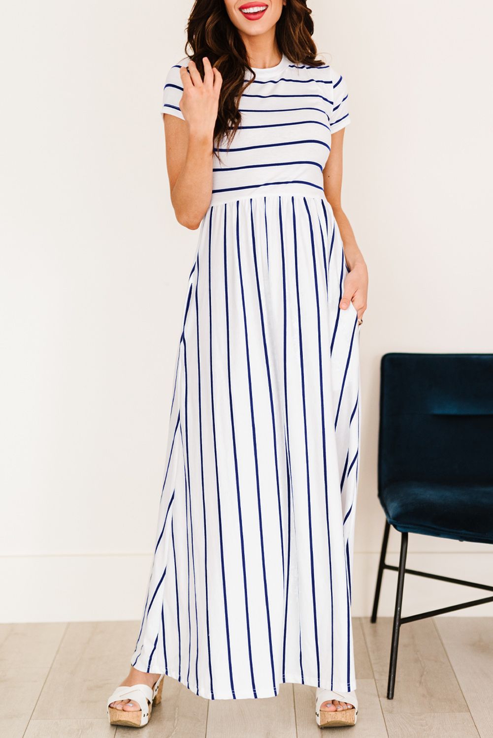 Blue Striped White Short Sleeve Maxi Dress
