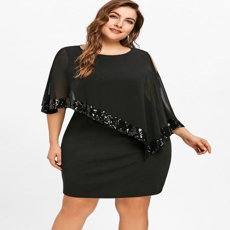 Women Plus Size Elegant Dresses Irregular Sequins Splicing Dress