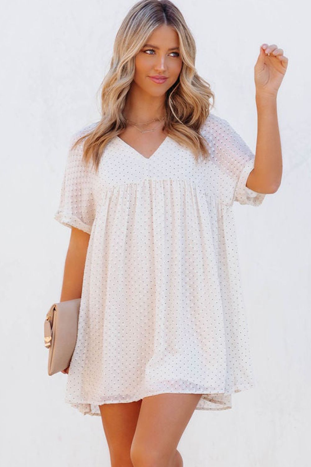 White Polka Dot Textured V Neck Babydoll Dress