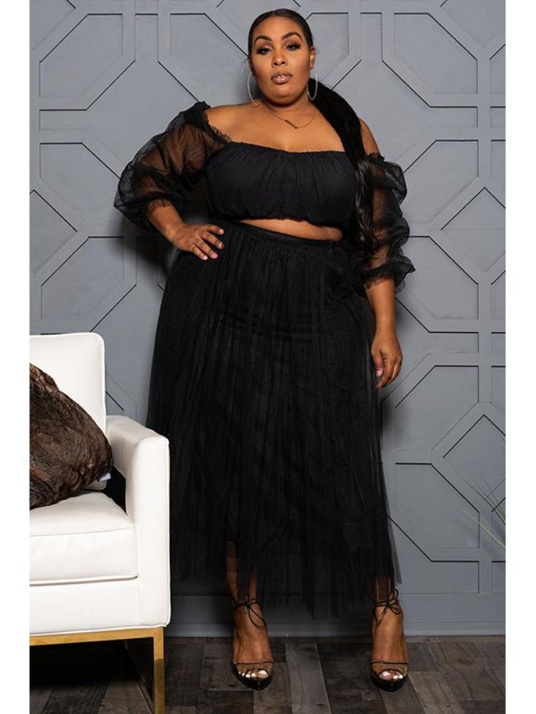 Black Two Piece Polka Dot Plus Size Sets Tube Tops Blouse
