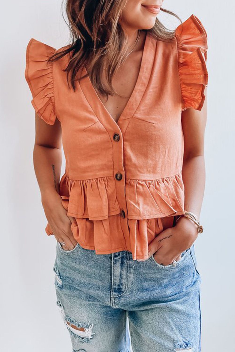 Orange Tiered Ruffles Buttoned V Neck Top