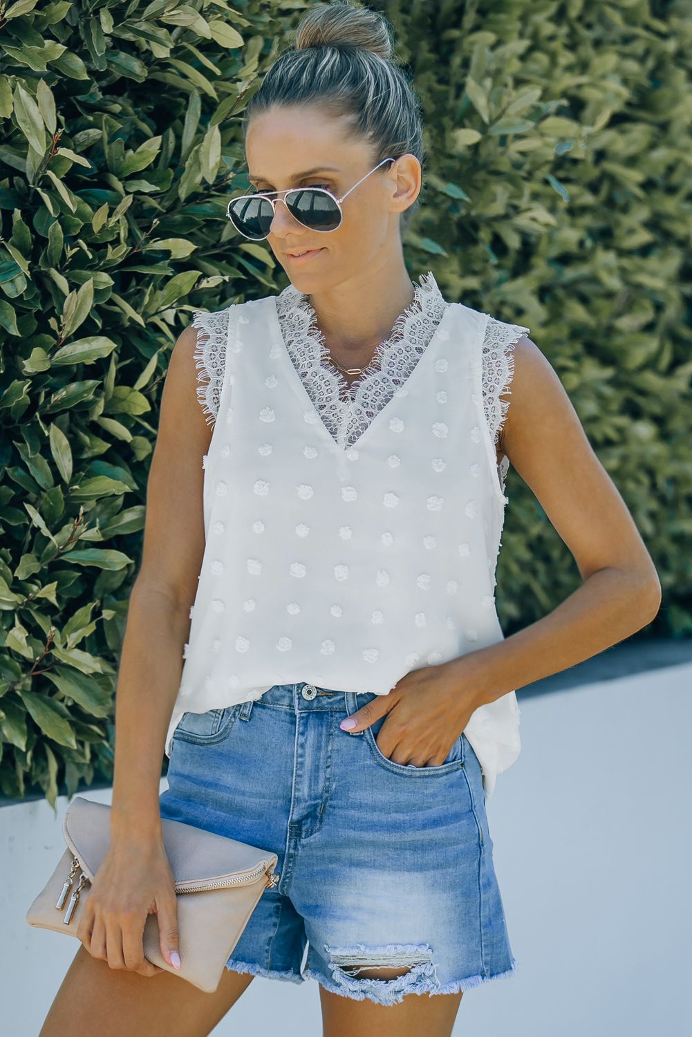 White  Swiss Dot Lace Stitching V Neck Tank Top
