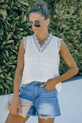 White  Swiss Dot Lace Stitching V Neck Tank Top
