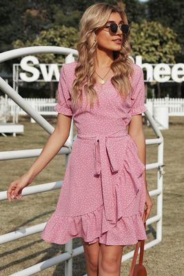 Pink Bohemian Dotted Print Wrap V Neck Ruffled Mini Dress