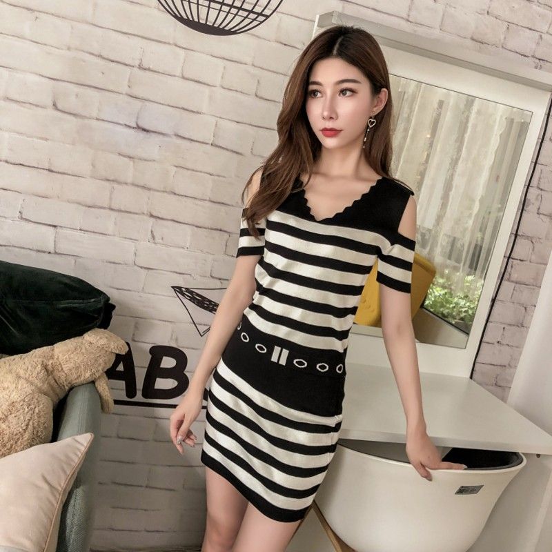 Women Knitted Short Sleeve Slim Top High Waist Mini Skirt Two Pieces Set