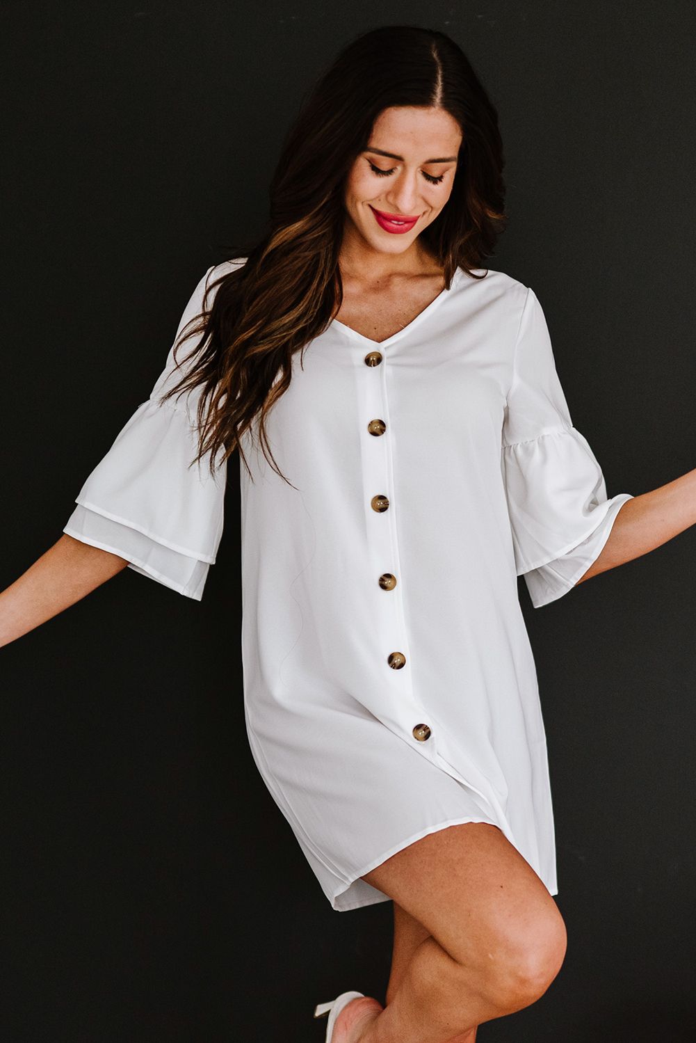 White V Neck Buttoned Bell Sleeve Shift Shirt Dress