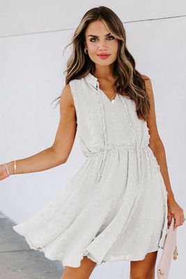 White Split Neck Pom Pom Textured Flowy Mini Dress