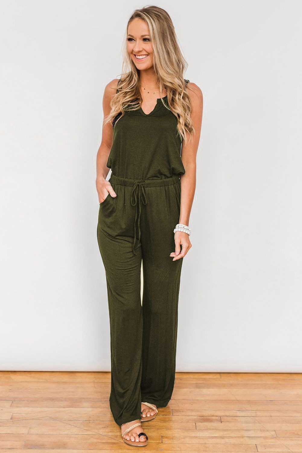 Green Split Neck Drawstring Waist Sleeveless Jumpsuit