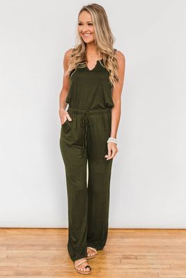Green Split Neck Drawstring Waist Sleeveless Jumpsuit