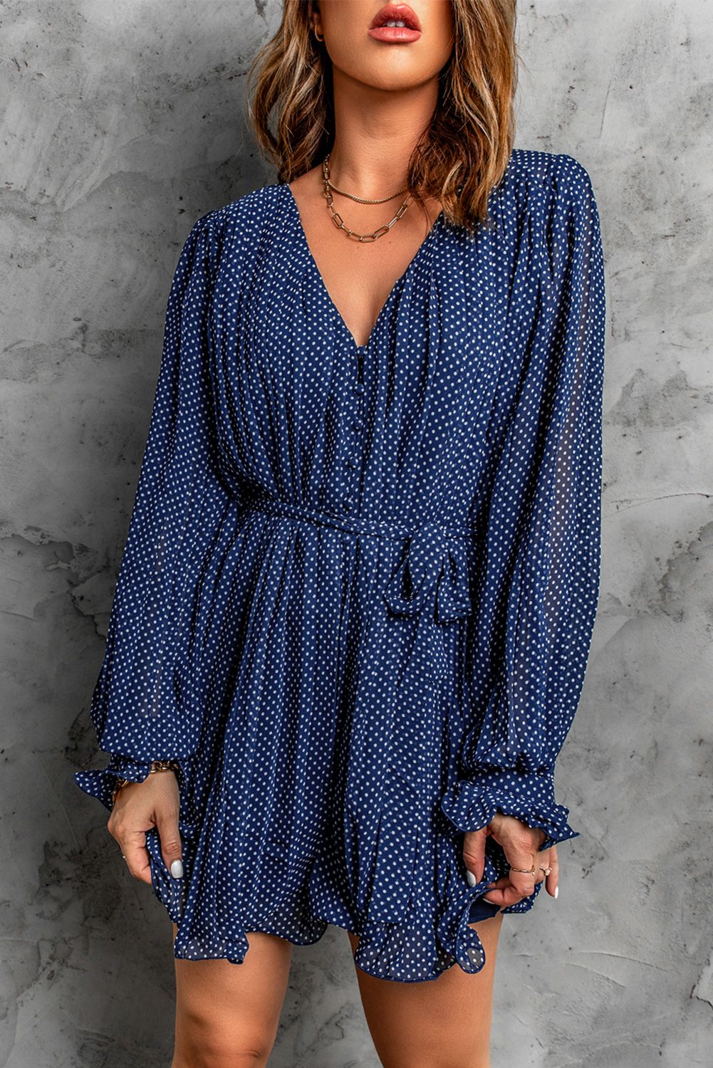 Blue Pleated Ruffled Tie Waist Buttons V Neck Romper