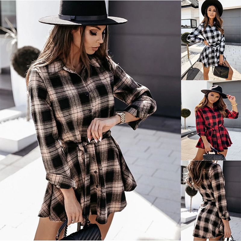 Women Plaid Long Sleeve Lapel Casual Mini Shirt Dress