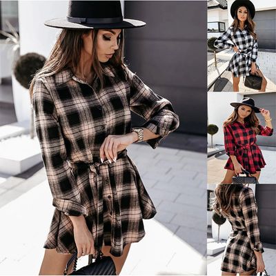 Women Plaid Long Sleeve Lapel Casual Mini Shirt Dress