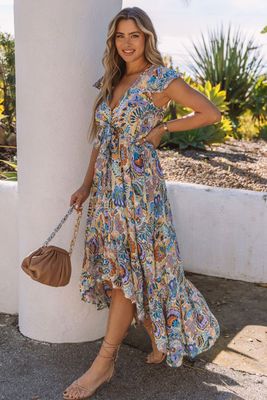 Robe longue taille haute à imprimé floral multicolore