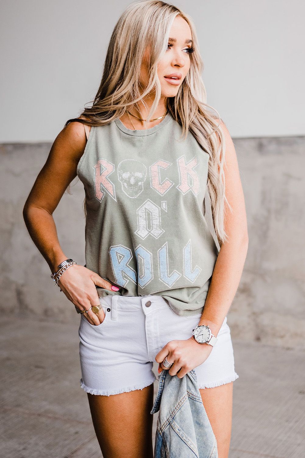 Green ROCK N&#39; ROLL Skull Print Sleeveless Top