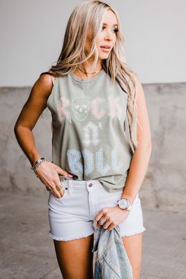 Green ROCK N&#39; ROLL Skull Print Sleeveless Top