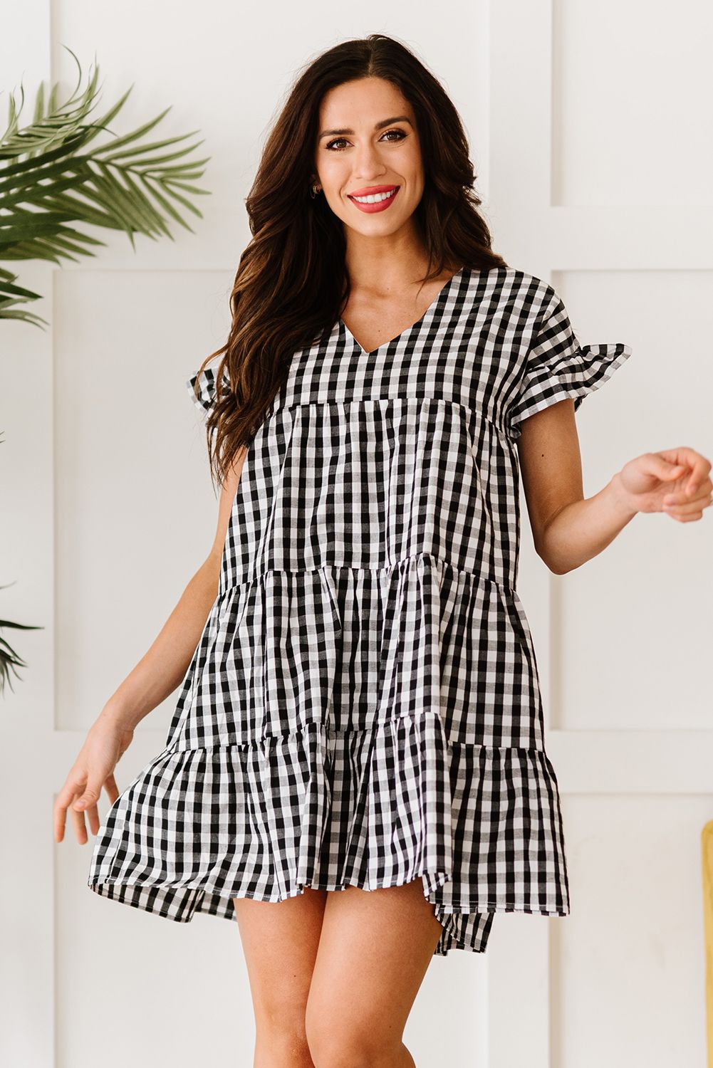 Black Ruffled Short Sleeves Plaid Print Tiered Swing Dress
