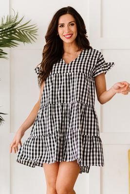 Black Ruffled Short Sleeves Plaid Print Tiered Swing Dress